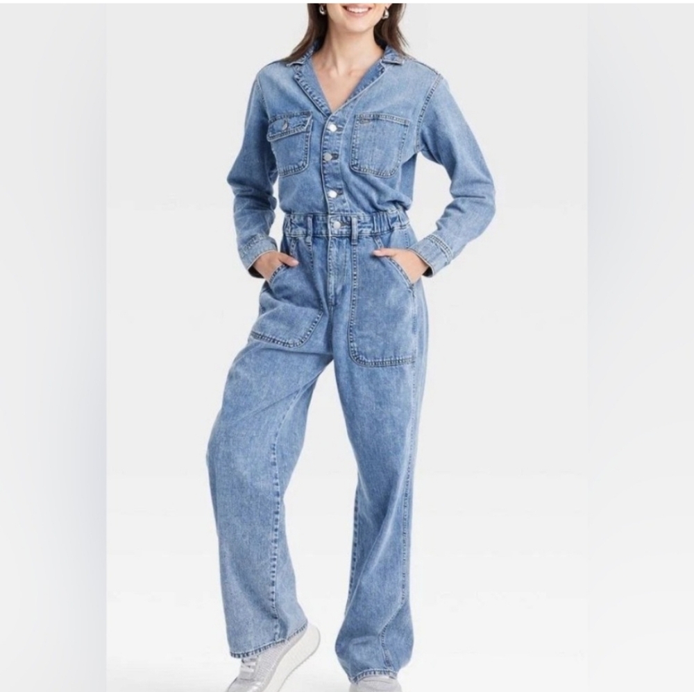 Universal Thread Long Sleeve Utility Baggy Denim Jumpsuit Sz 6 Med Wash